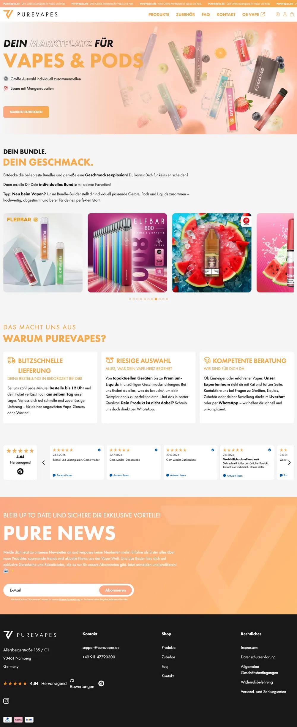 Kompletter Shopify-Onlineshop von PureVapes, umgesetzt von fourplex