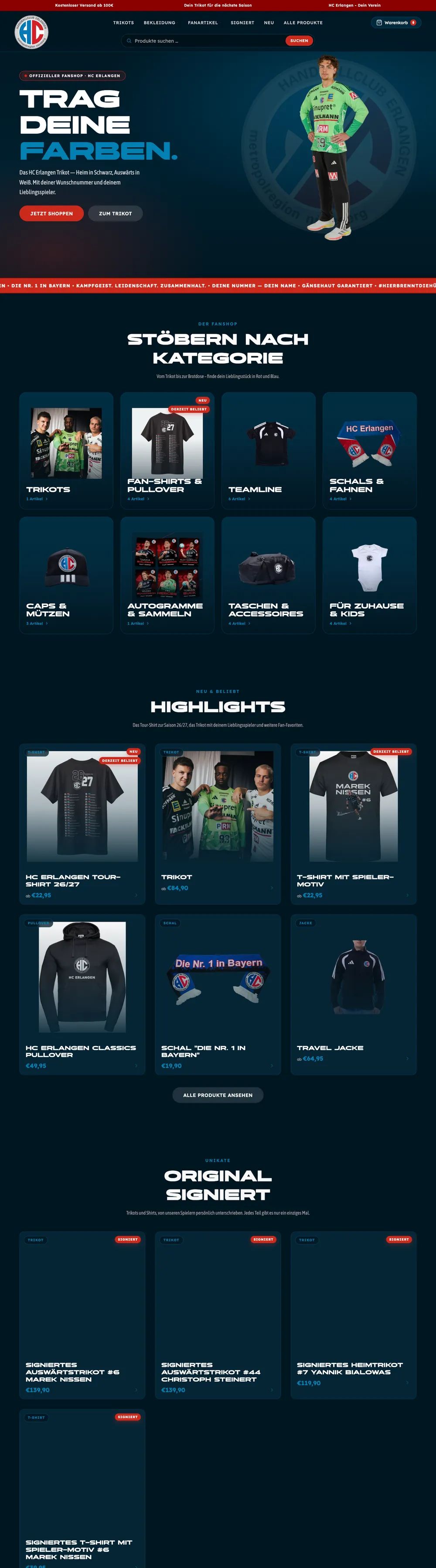 Kompletter Shopify-Fanshop des HC Erlangen, umgesetzt von fourplex