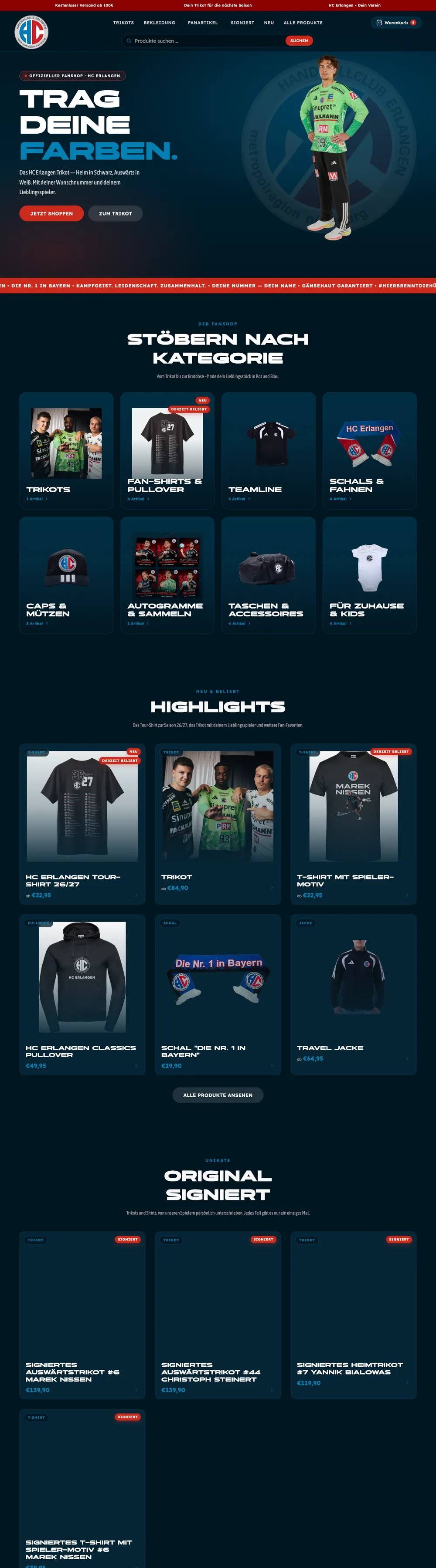 Kompletter Shopify-Fanshop des HC Erlangen, umgesetzt von fourplex