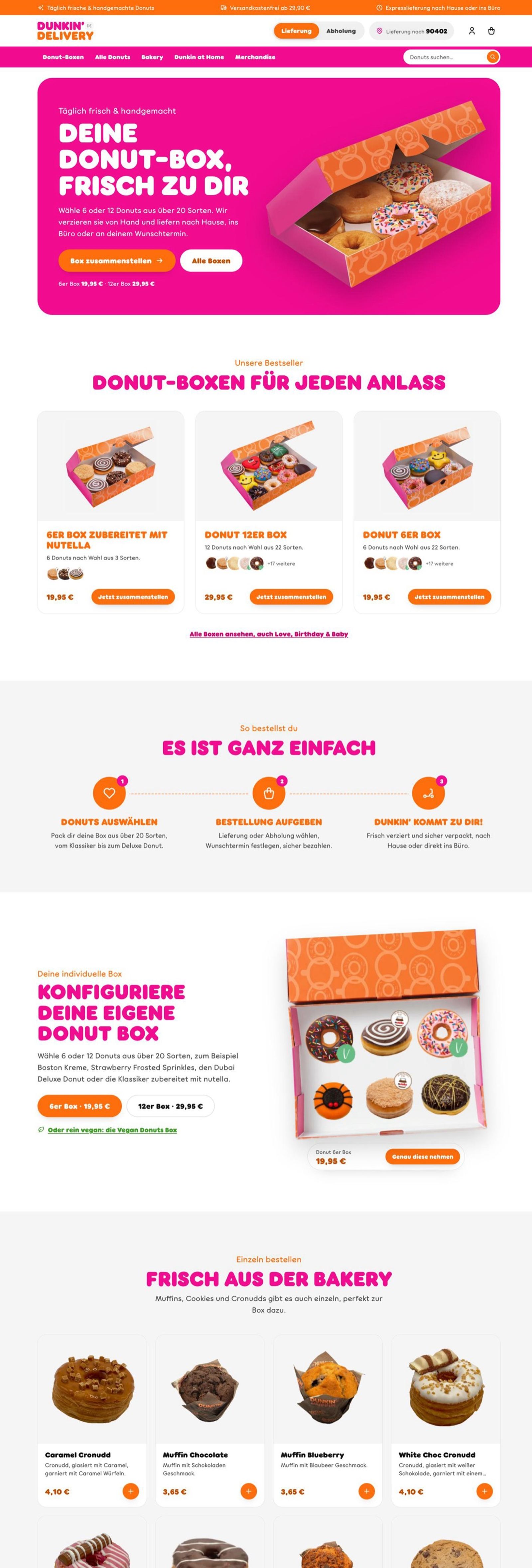 Startseite des neuen Dunkin' Delivery Shops auf dem Desktop
