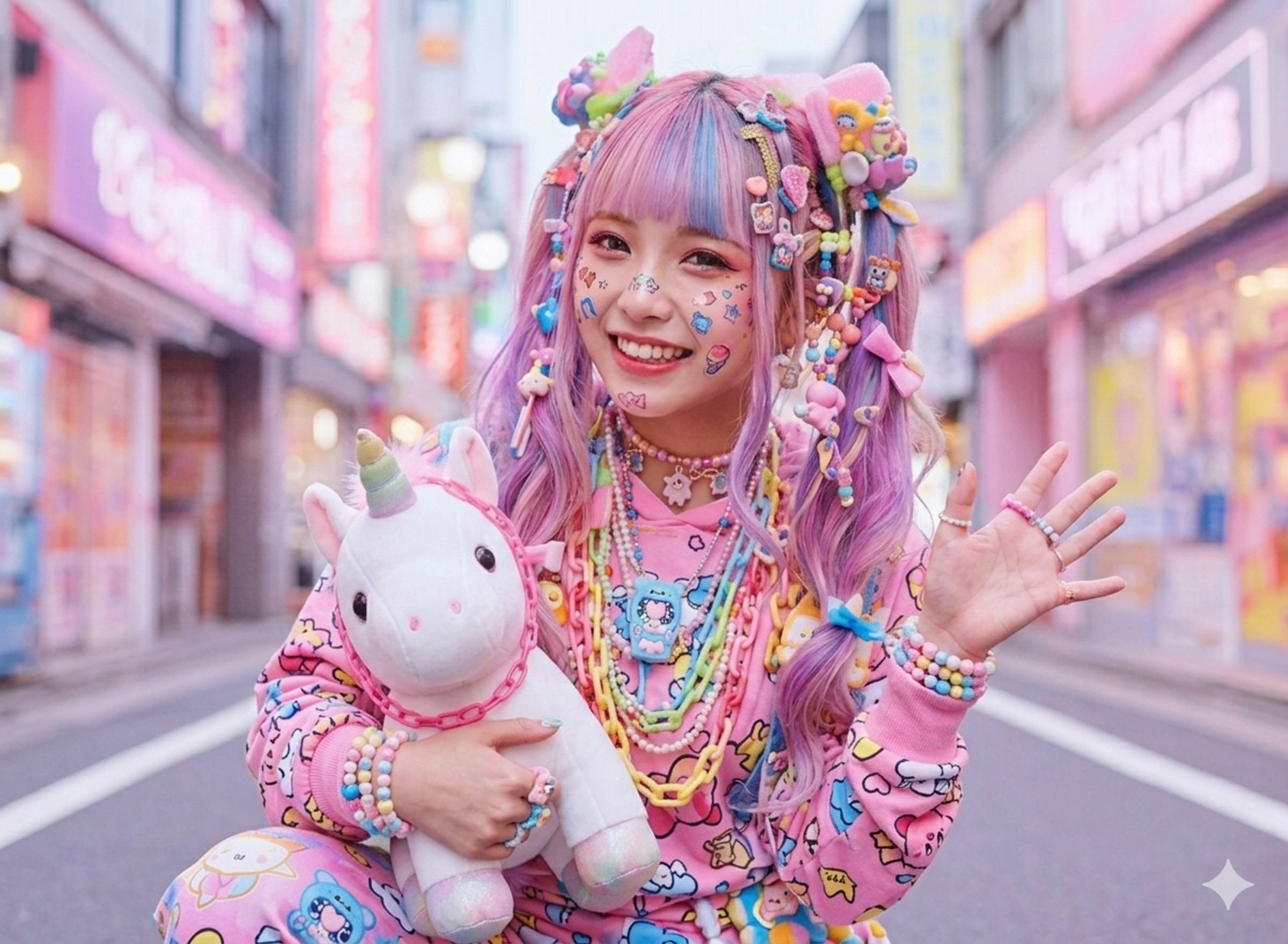 Bunte Kawaii-Figur mit Einhorn in einer Großstadtstraße