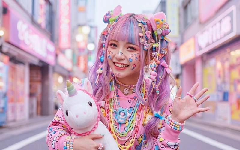 Bunte Kawaii-Figur mit Einhorn in einer Großstadtstraße