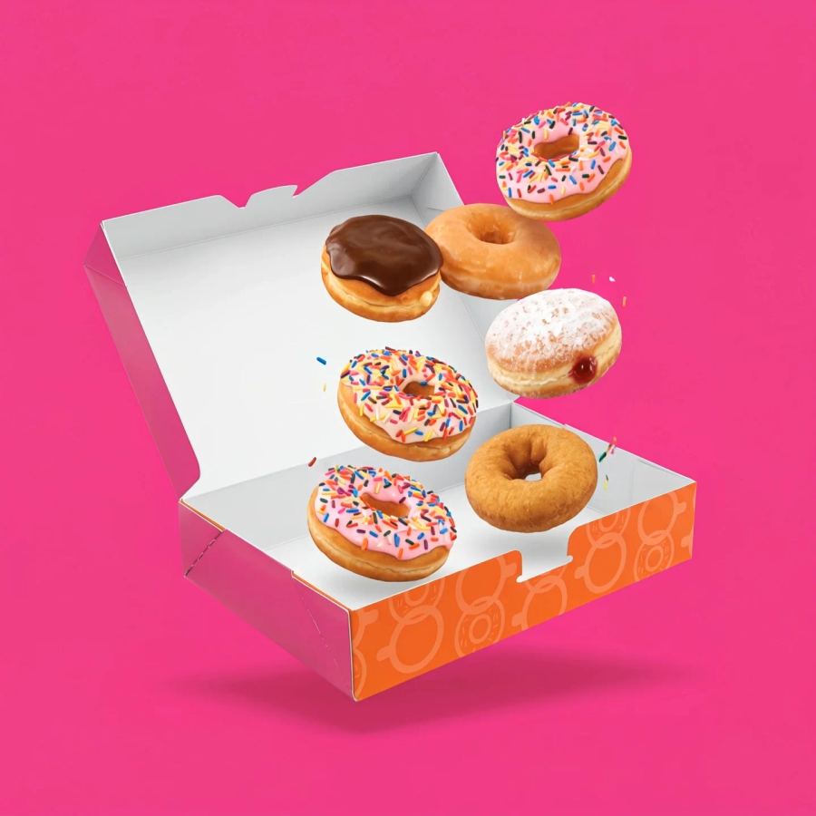 Geöffnete Dunkin' Box auf Pink, aus der Donuts mit Streuseln herausschweben