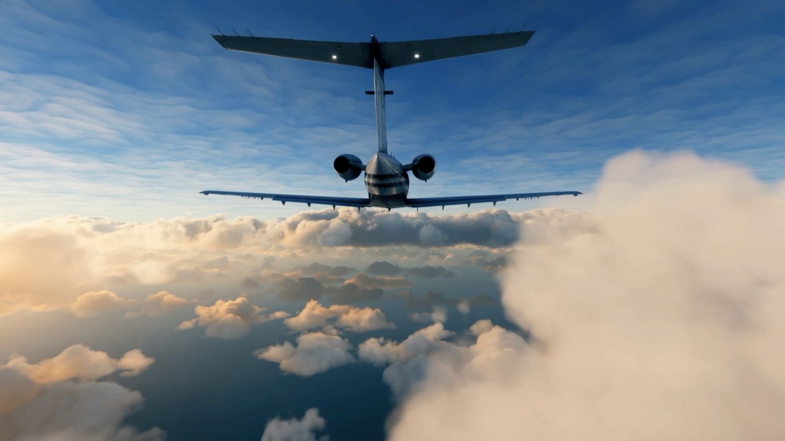 Standbild aus einem KI-Transition-Videoloop: Flugzeug über den Wolken