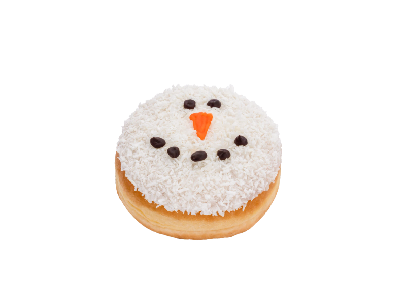 Schneemann-Donut mit Kokosraspeln, freigestellt
