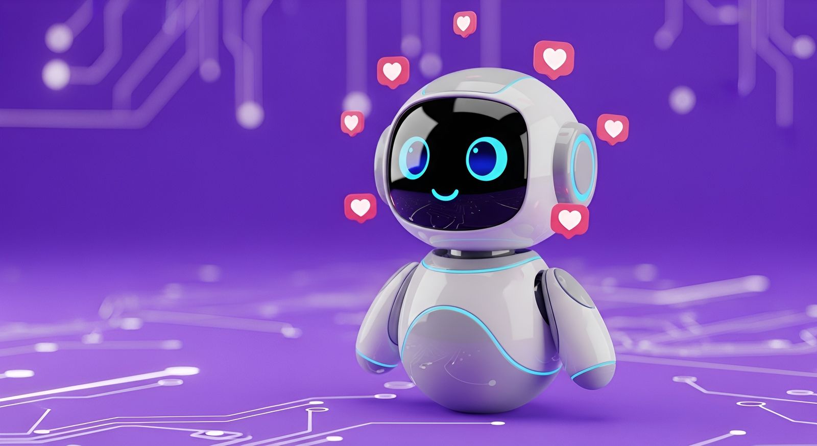 Kleiner Roboter mit Herzen auf lila Hintergrund