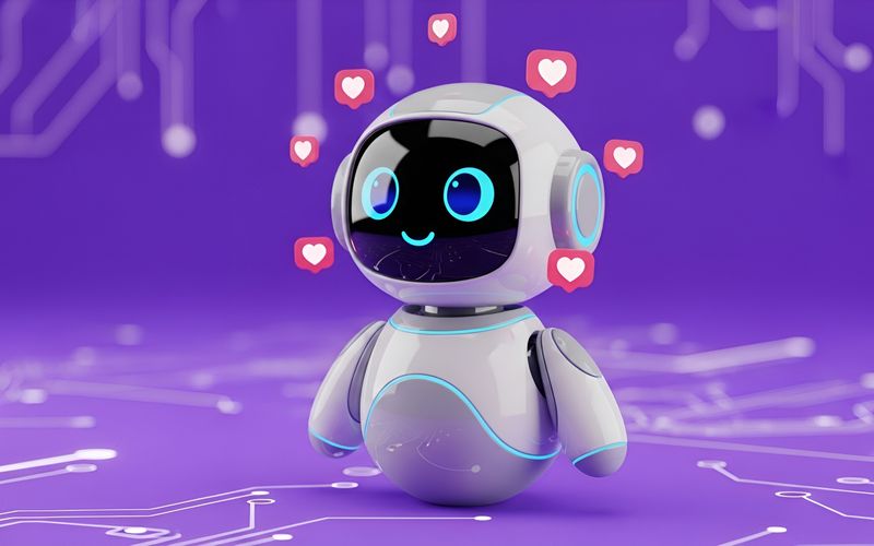 Kleiner Roboter mit Herzen auf lila Hintergrund