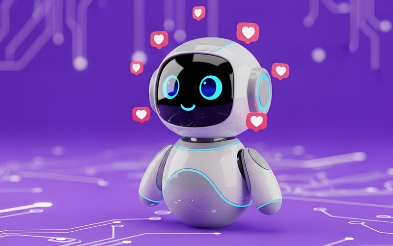 Kleiner Roboter mit Herzen auf lila Hintergrund