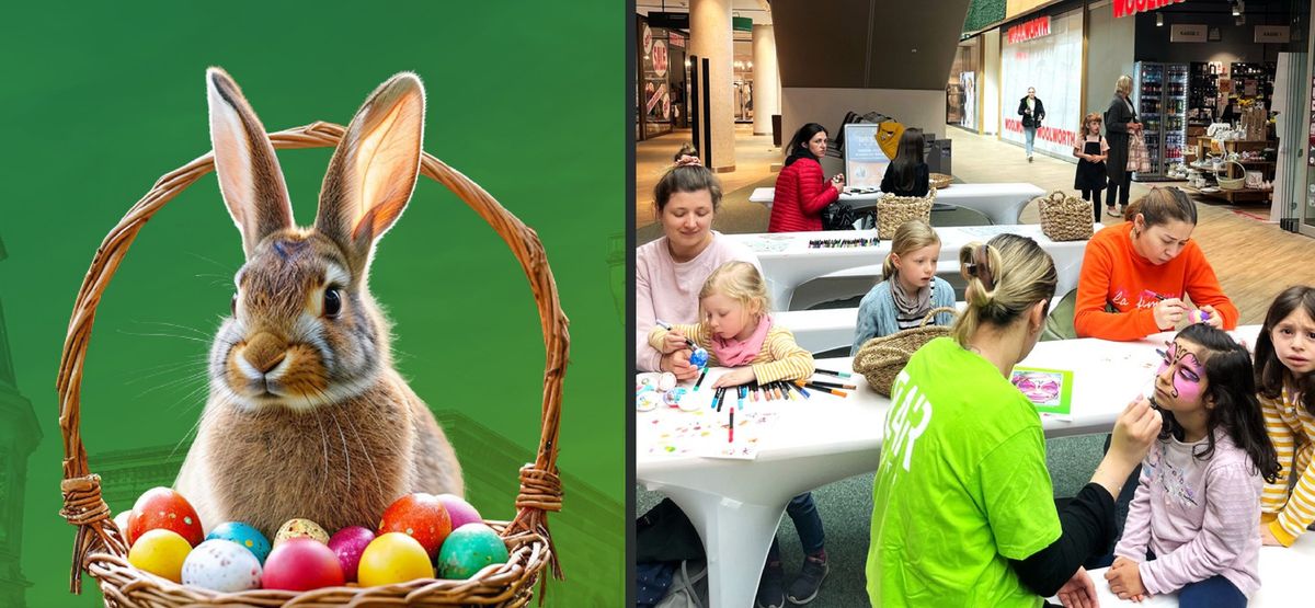 Ankündigungsmotiv „Ostern im FLAiR“ mit Hase im Osterkorb und Kinder beim Basteln und Schminken im Center