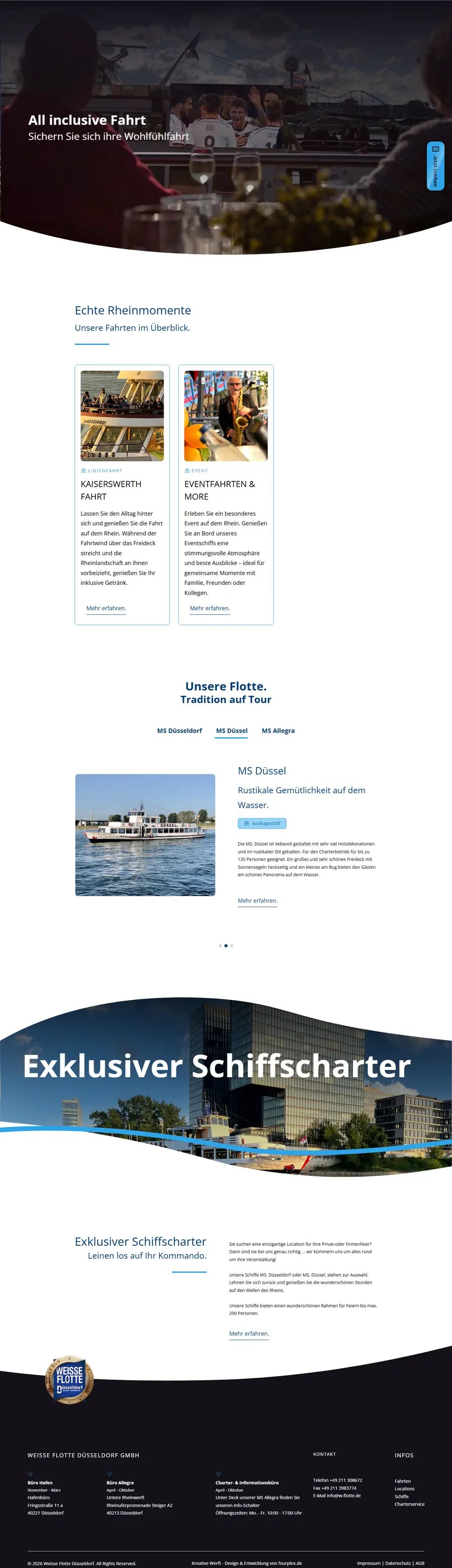 Komplette Startseite der Weissen Flotte Düsseldorf, umgesetzt von fourplex
