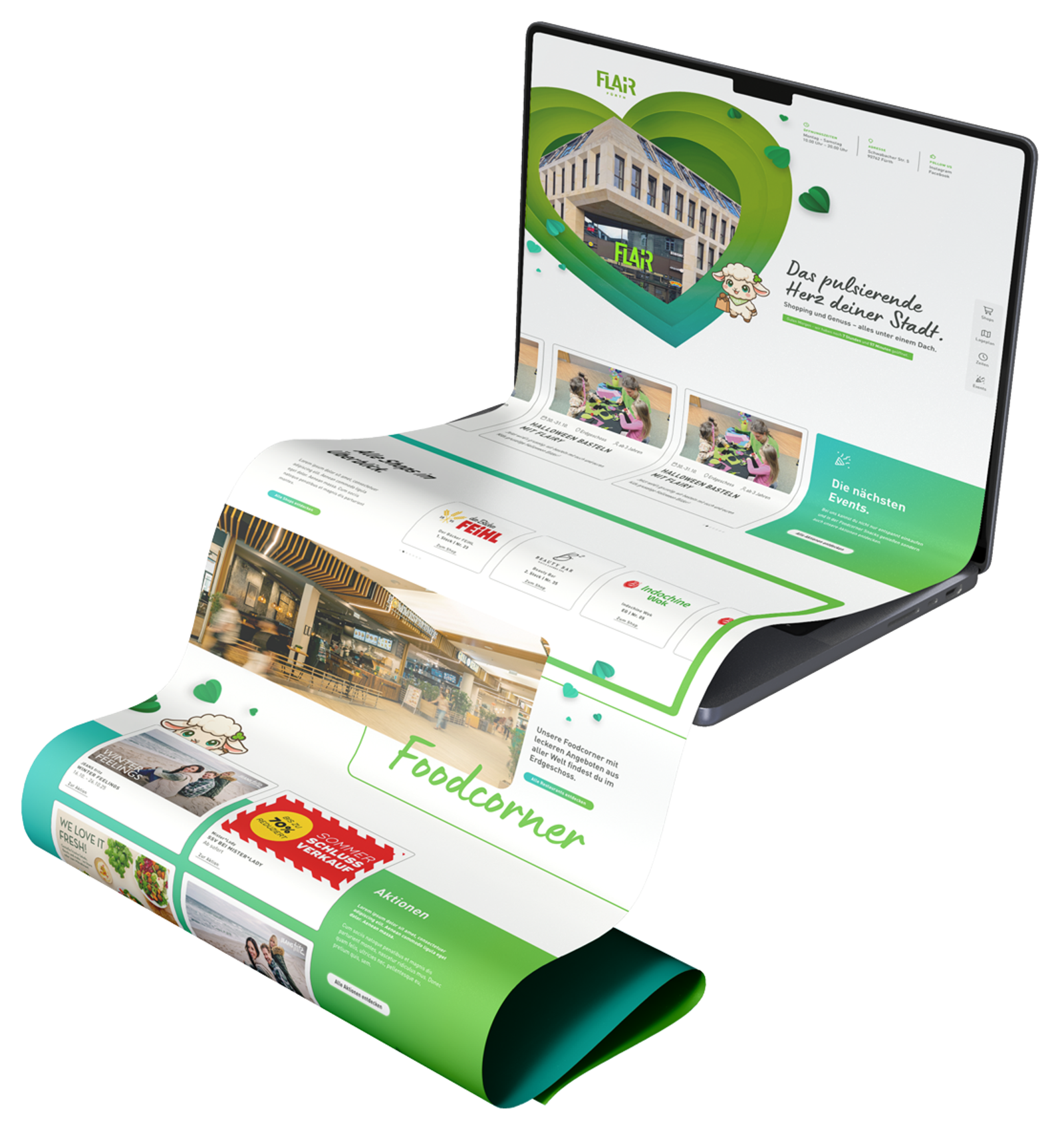 Mockup: Laptop mit der neuen FLAiR-Fürth-Website, die Startseite fließt als langes Band aus dem Bildschirm – Herz-Hero, Events, Foodcorner und Aktionen