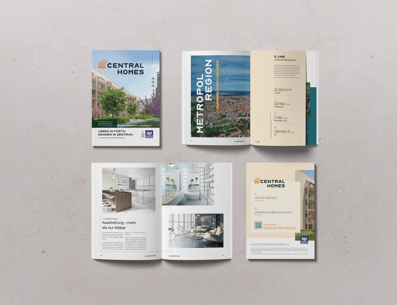 Central-Homes-Exposé von oben auf grauem Untergrund: Titelseite, Doppelseiten zu Lage und Ausstattung sowie Rückseite mit Kontaktdaten