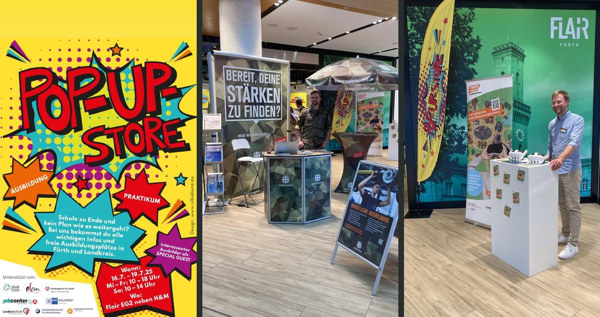 Plakat „Pop-up-Store“ und zwei Pop-up-Stände mit Ausstellern auf der Mall des FLAiR Fürth