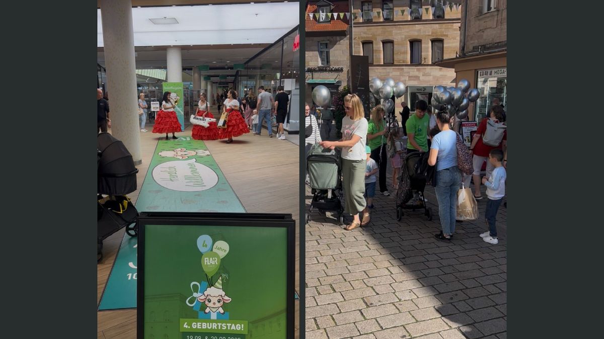 Geburtstagsaktion des FLAiR Fürth: Tänzerinnen im Center und Promoter mit Ballons in der Fürther Innenstadt