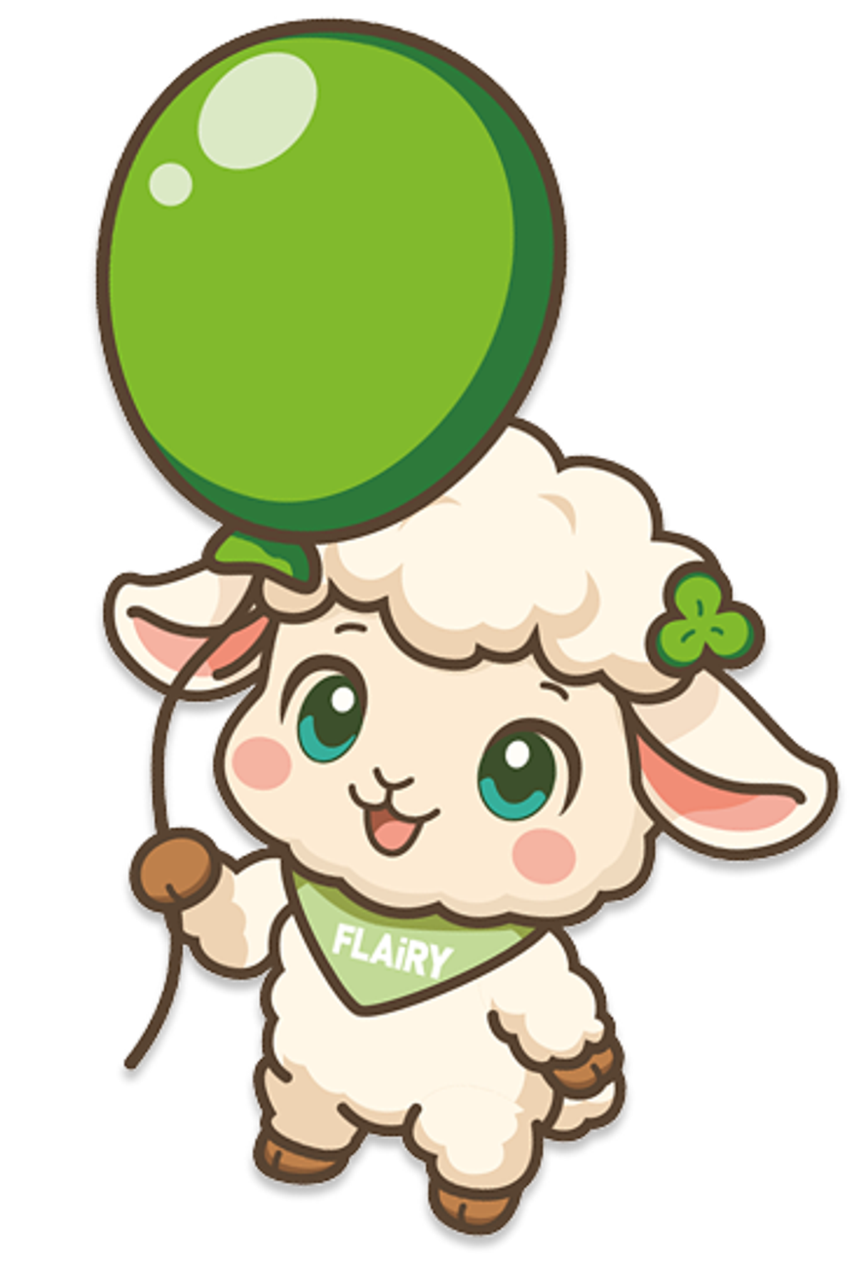 Illustration: Maskottchen FLAiRY, ein Schaf mit Kleeblatt und FLAiRY-Halstuch, schwebt an einem grünen Luftballon